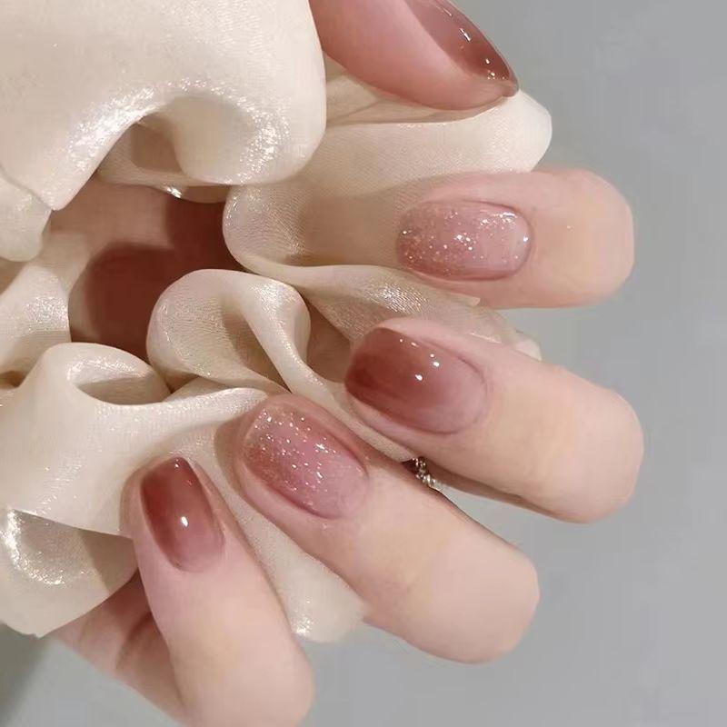 24Pcs Short Gradient Press On Nails With Jelly Glue Elegant Ballet Square Glitter Acrylic Fake Nails Set