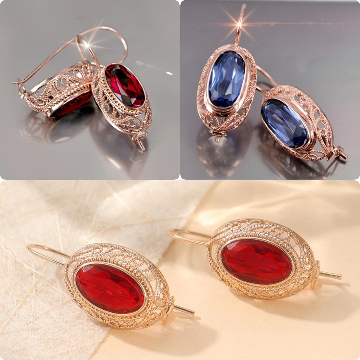 Lucky Star Jewelry Women's Red/Blue/Golden Exquisite Sparking Oval / Synthetic Zirconia Dangle Earrings For Rose Plated Banquet Wedding Jewelry Crafts