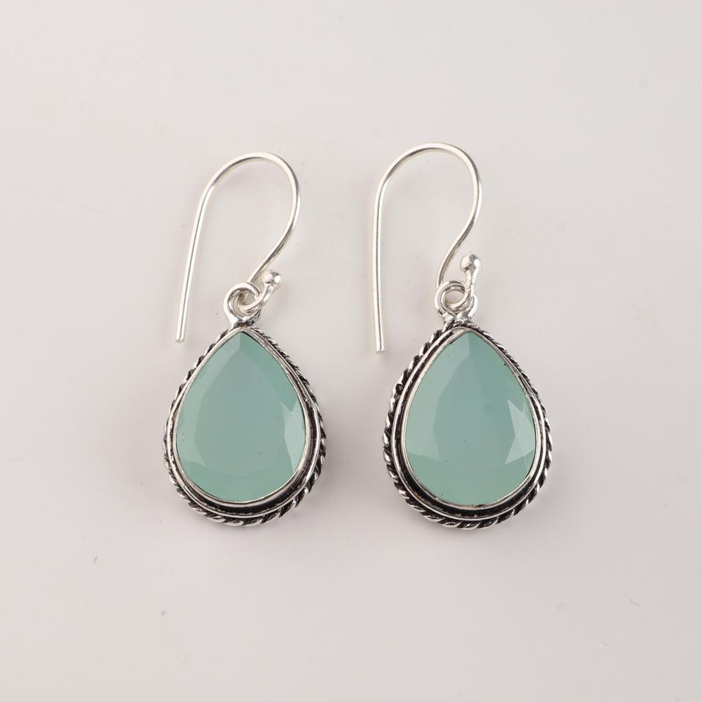 Aqua Chalcedony Gemstone Silver Earrings 1.5" Handmade Lightweight Jewelry AEE-2-18