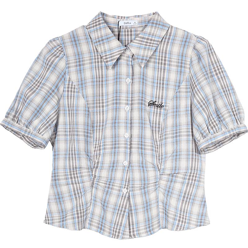 Betu Women s Summer Plaid Pleated Waist-Cinching Short Sleeve Shirt M