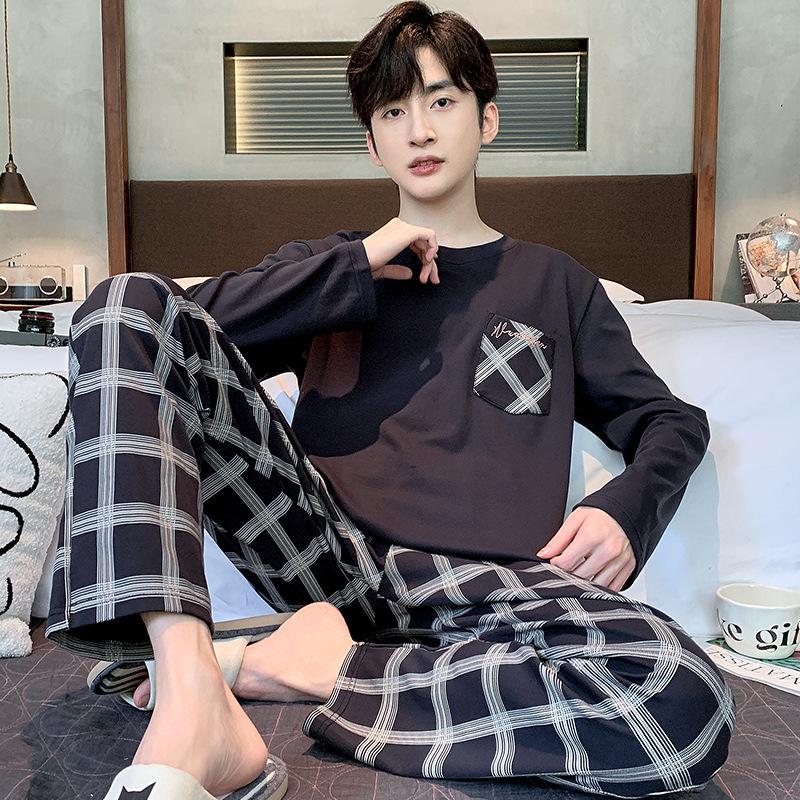 Jarní a podzimní nové pánské pyžamo domácí oblek pro teenagery jednoduché domácí oblečení bavlna velká velikost podzimní a zimní volnočasové pyžamo