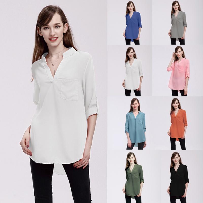 Chiffon Women Blouses Vneck Shirts Long Sleeve Loose Office Casual Spring Lady