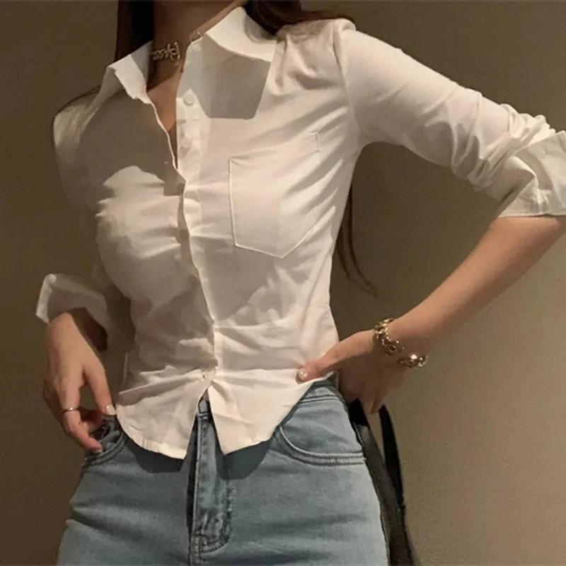 Koreansk Hvit Kontordame Chiffonskjorte Lomme Knapper Revers Damebluse Vår Pendler Langermet Ny Kvinne Crop Topper