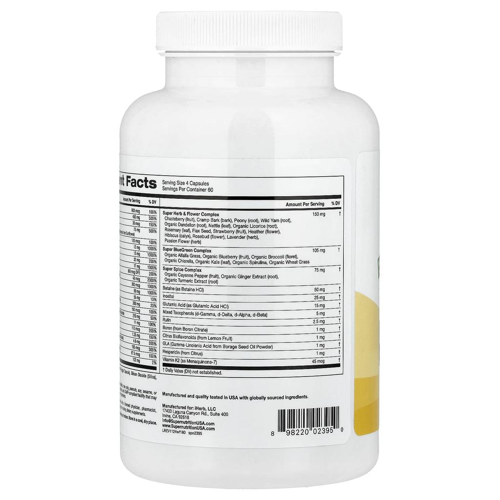 Super Nutrition Women's Multivitamin, Super Balanced Plants, Greens, Spices, Vitamin A, Iron Free, 240 Veggie Capsules