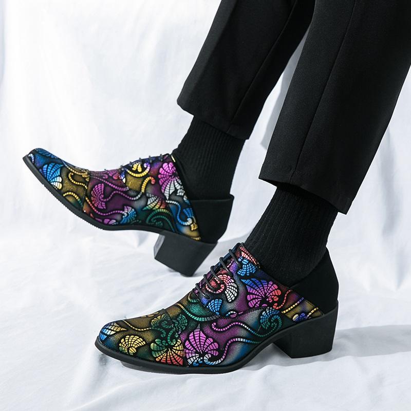 Fashion Trend New Men's Lace Up Pointed National Pattern Height Increasing Oxford Shoes Male Formal Wedding Prom Homecoming Oxfords