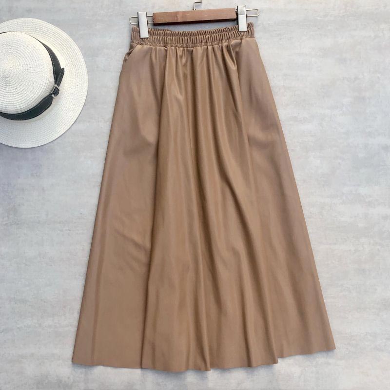 Women's Winter Faux Leather Pleated High Waist A-Line Midi Skirt Long Skirt