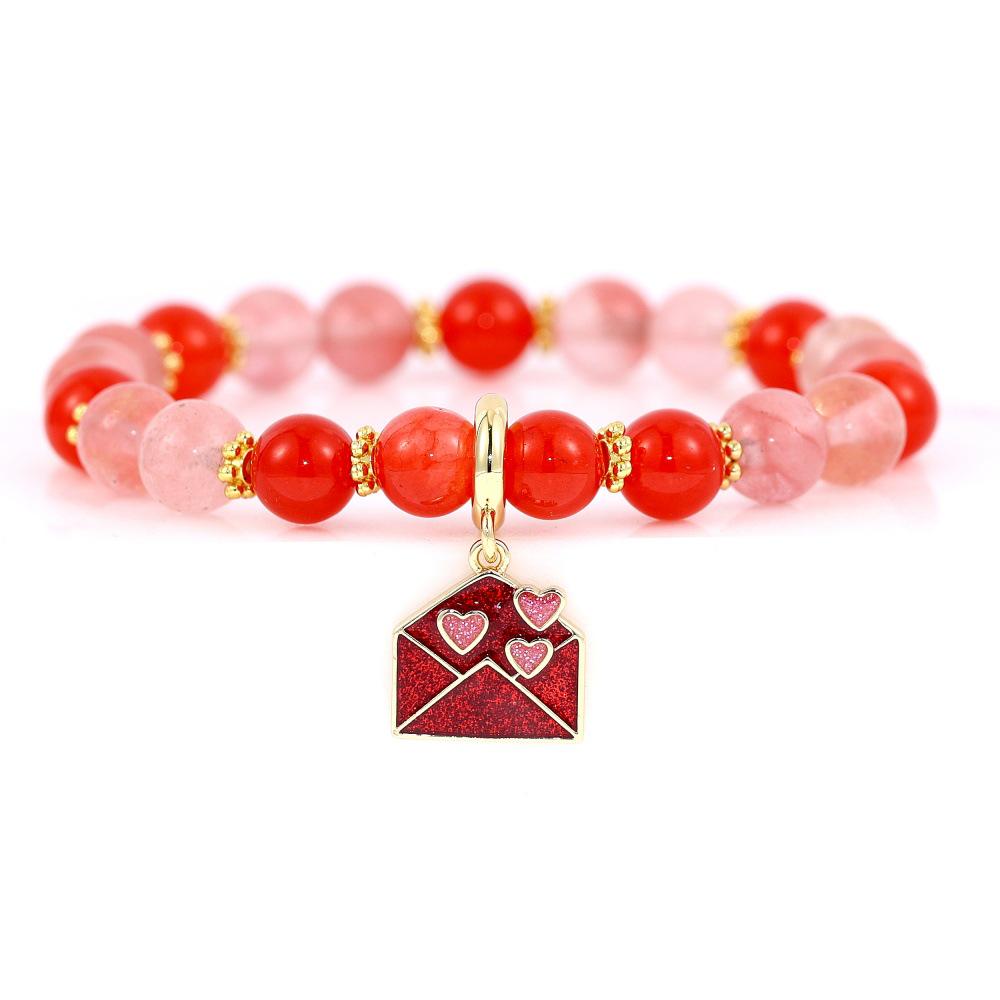 Elegant Handmade Beaded Semi-Precious Stone Bracelet with 18K Copper-Plated Heart LOVE Pendant