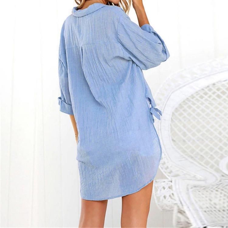 Women Casual Long Sleeve Shirt Loose Lace-up Button Lapel Side Knotted Top
