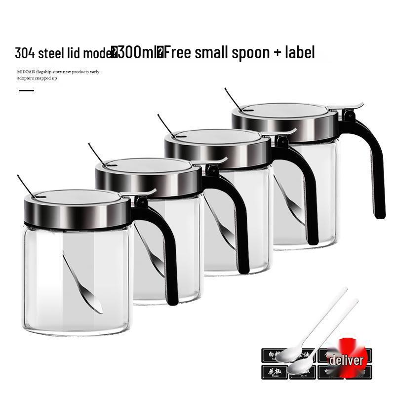 Stainless Steel Glass Kitchen Seasoning Jars Set with Spring Lid & Spoon