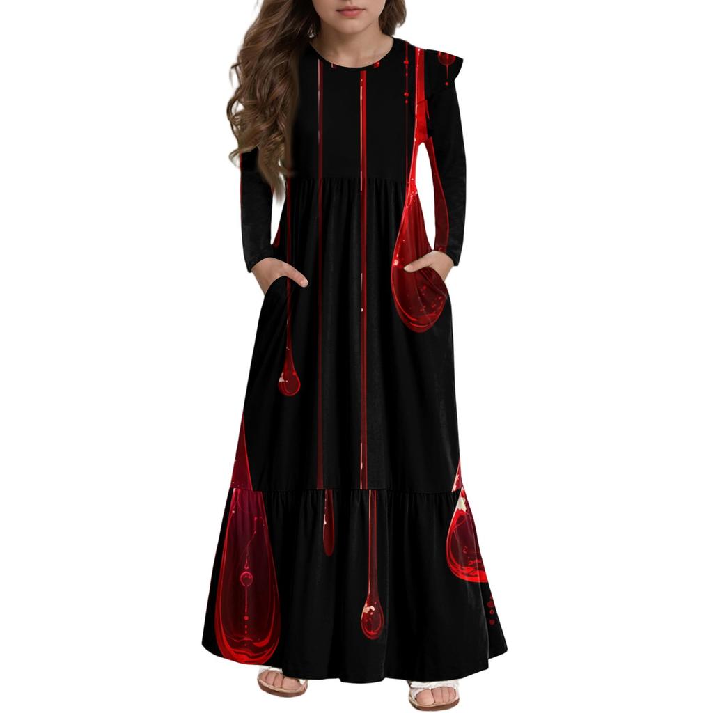 Girls' Tiered Ruffle Dress Halloween Day - Long Sleeve Printed Maxi With Pockets