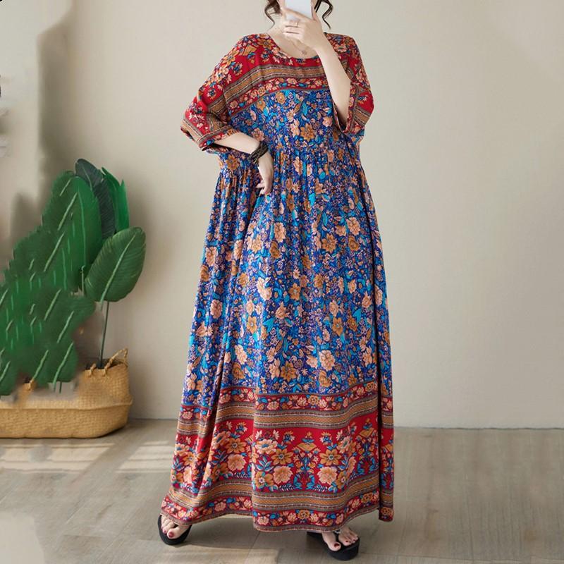Mânecă scurtă Plus Size Bumbac Satin Vintage Floral Nou în Rochii pentru Femei Casual Lejer Rochie lungă de vară