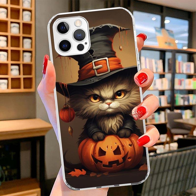 Black Kitten Halloween Pumpkin Cover Phone Case For iPhone 16 17 Air 15 14 Pro Max 16E Phone Case 13 Mini 12 11 7 SE 8 Print Pat