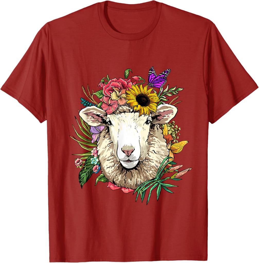 Blumen Schafskopf Kranz T-Shirt Tierliebhaber Bauernhof Grafik T-Shirt Frühling Sommer Freizeit