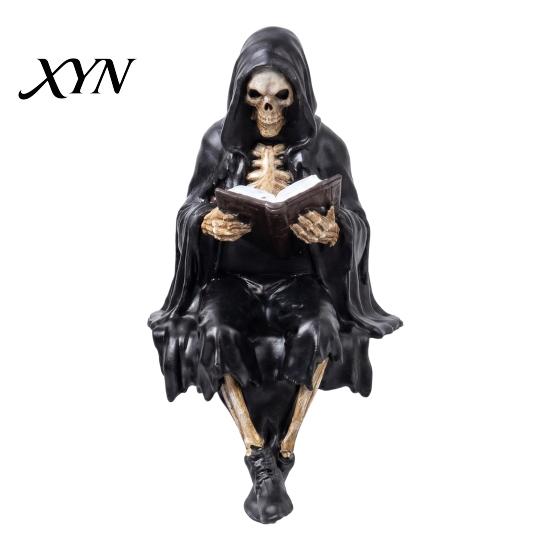 Gothic Bookshelf Accessory Halloween Reading Book Skeleton Figurine, Spooky Devil Resin Sculpture, Decor Black Robe Grim Reaper Statue for Home Office