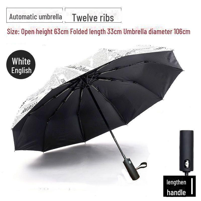 Pánský retro černý skládací slunečník – Unisex, vzor novin.