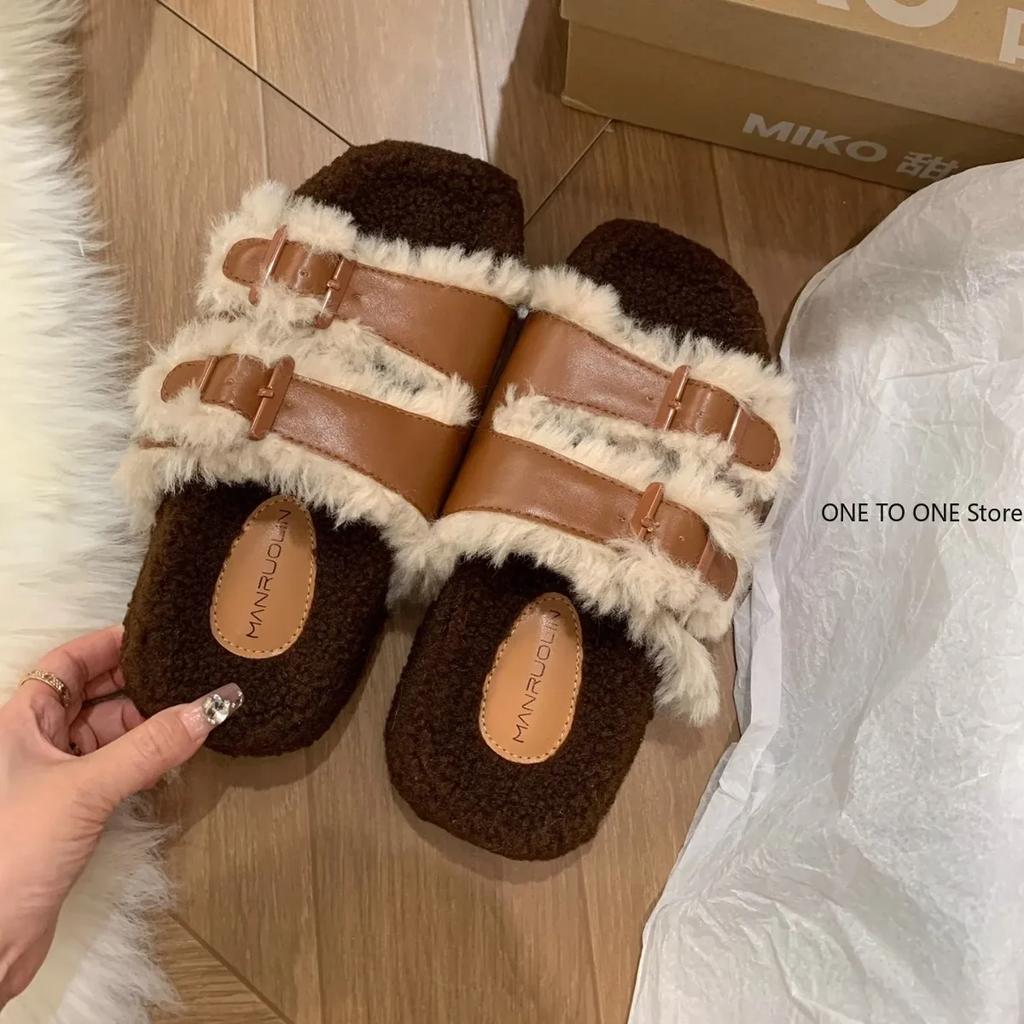 Fashion Fashion Fluffy Women Plush Fur House Slippers Sandals Non-Slip Indoor Boots Female For Home Use Luxury Thick Flats Outdoor Shoes