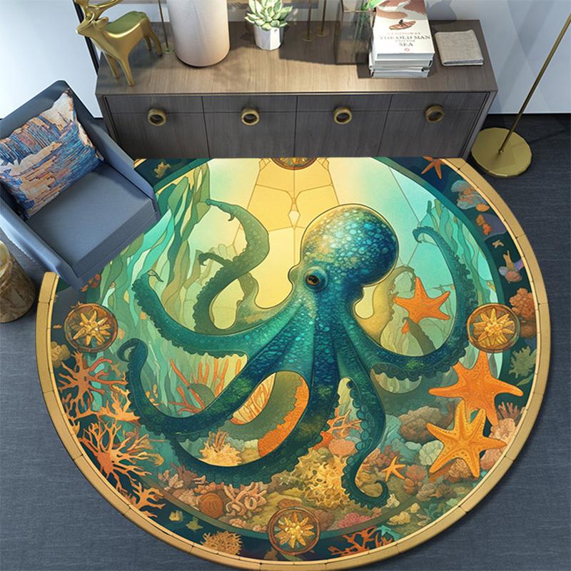 Octopus and Starfish Round Area Rug,Carpet Rug for Living Room Bedroom Sofa Playroom Decor,Non-slip Floor Mat