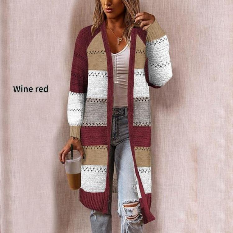 Stylish Women Long Sleeve Striped Patchwork Cardigan Comfy Casual Sweater Female Autumn Long Cardigan