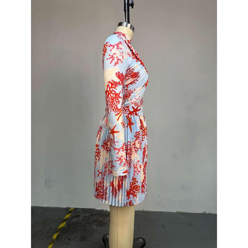 Women's 2026 Summer New Dress Design Slim-Fit Printed Long-Sleeve Top Pleated Skirt Set