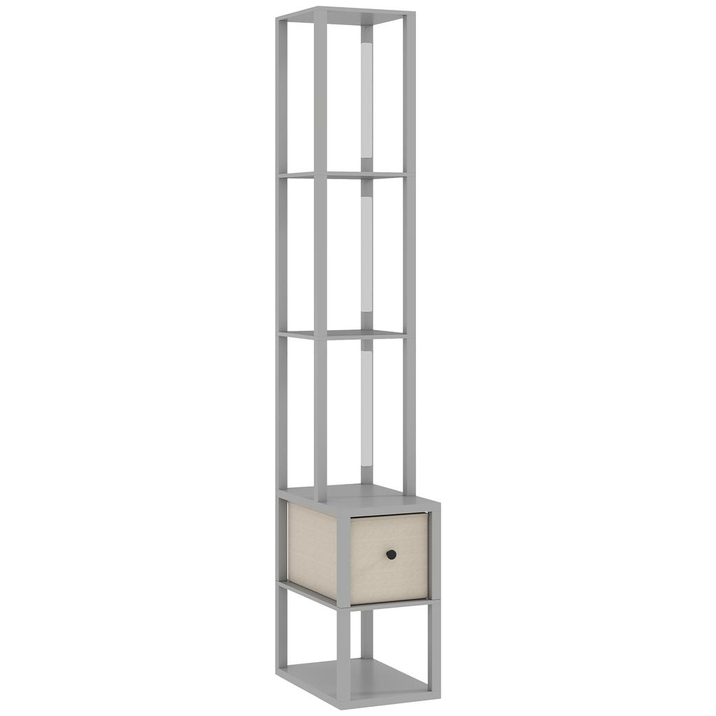 Floor Lamp with Shelves, LED Column Modern Standing Lamp with Fabric Drawer, Adjustable Brightness, Foot Switch for Living Room, Bedroom, Office, Grey