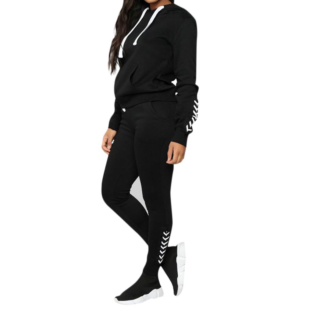 Fashion Women Casual Stripe Lace Long Sleeve Pullove Sport Tops+Long Pants Set