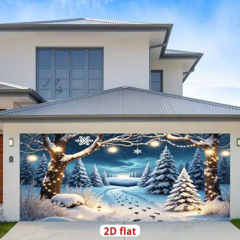 

2D Winter Wonderland Garage Door Banner with Fairy Lights & Pine Trees Outdoor Party Decor 47.2x31.5inch/120*80cm