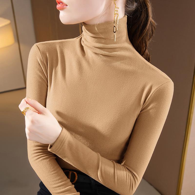 High Neck Undercoat Women's Double Sided Brushed Long Sleeve T-Shirt Warm Keeping Top Elegant and Comfortable Women's T-Shirt