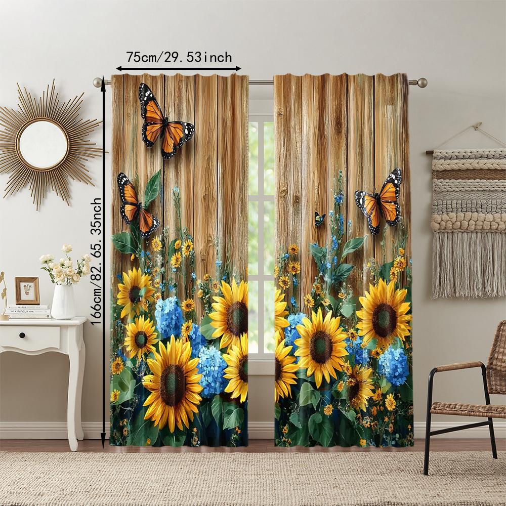 2 Pcs, Versatile Polyester Transparent Curtains for Home Decoration Rustic Sunflower for Use In Bedrooms and Living Rooms