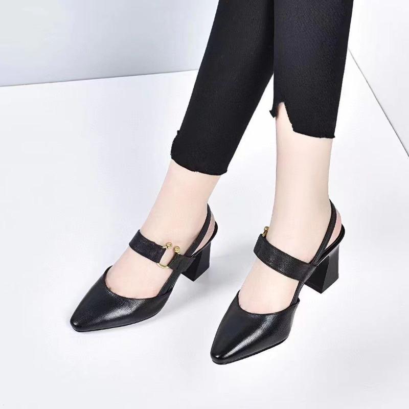 High-heeled sandals women's summer new pointed head bag head empty sandals round buckle thick heel fashion sandals