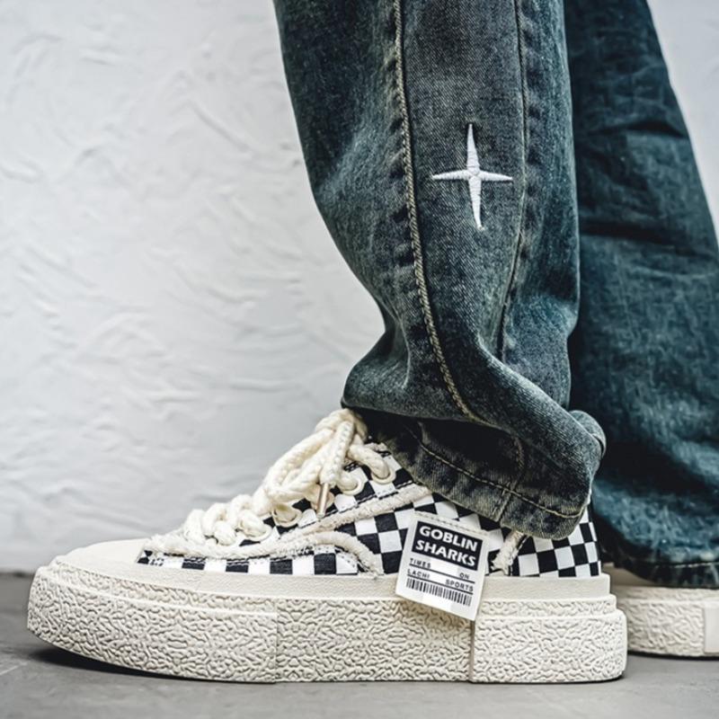 Men Grid Canvas Shoes Platform Casual Flat Shoes Fashion Comfort Wear-resistant Sneakers Zapatillas Tenis Trendy Man Board Shoes