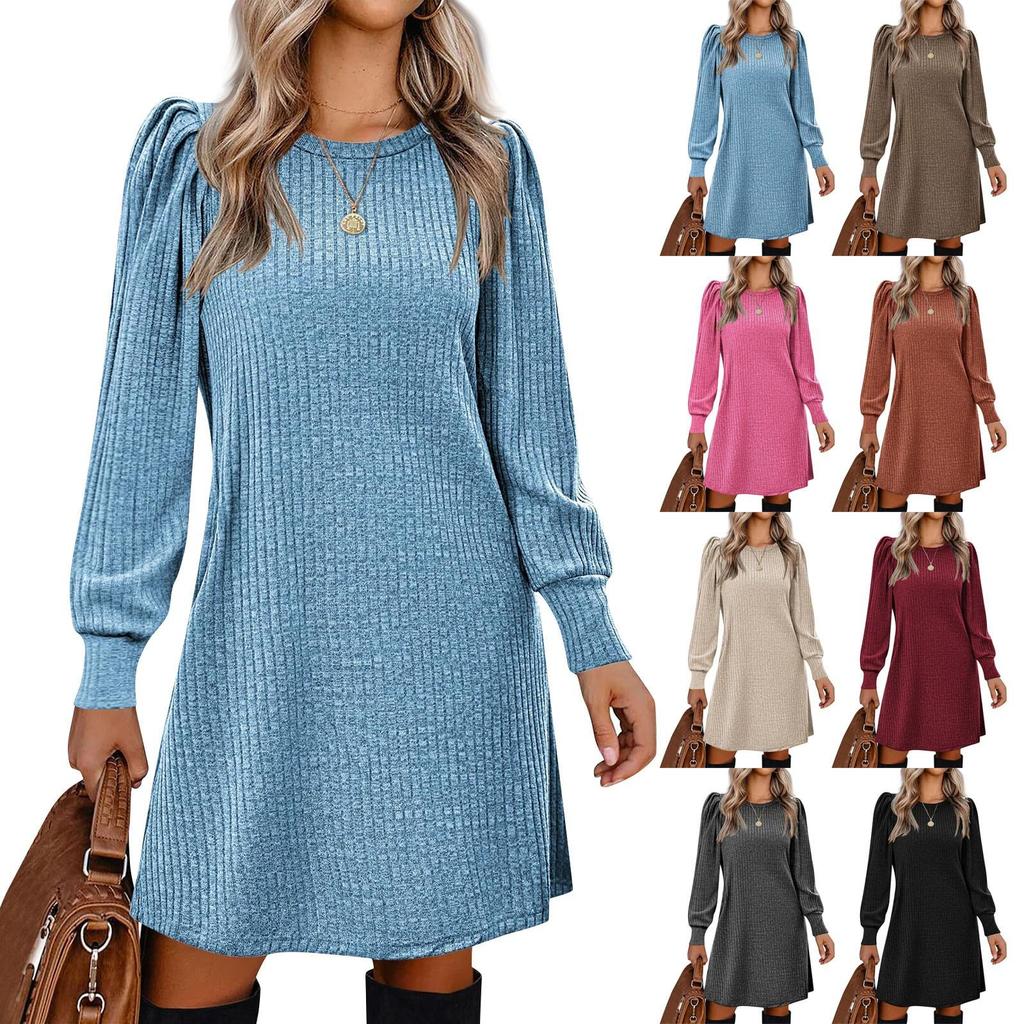 Womens Puff Long Sleeve Dress Casual Knit Crewneck Knee Length Dresses With Pockets