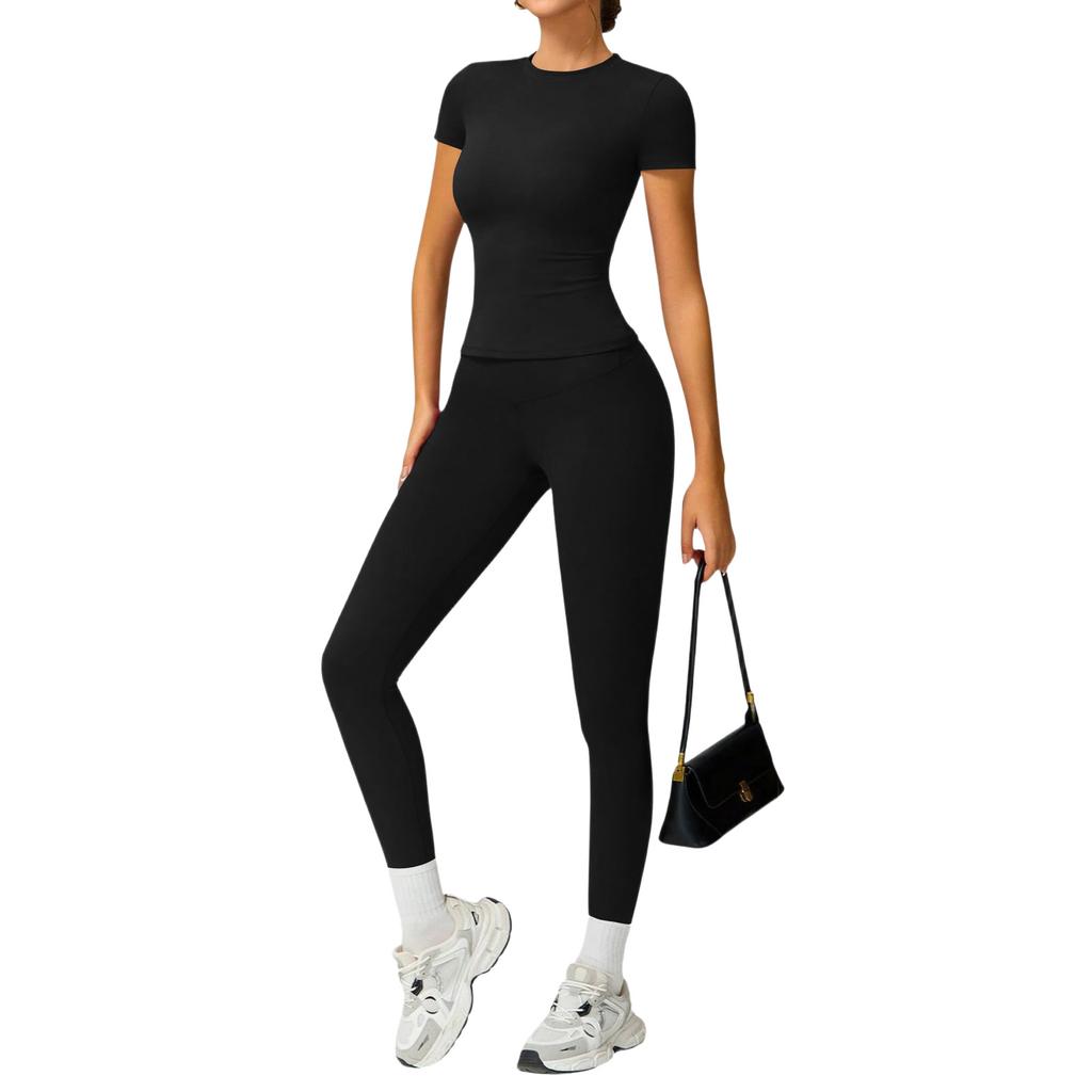 Women's Casual  Color Yoga Suit Short-Sleeve Pants Set