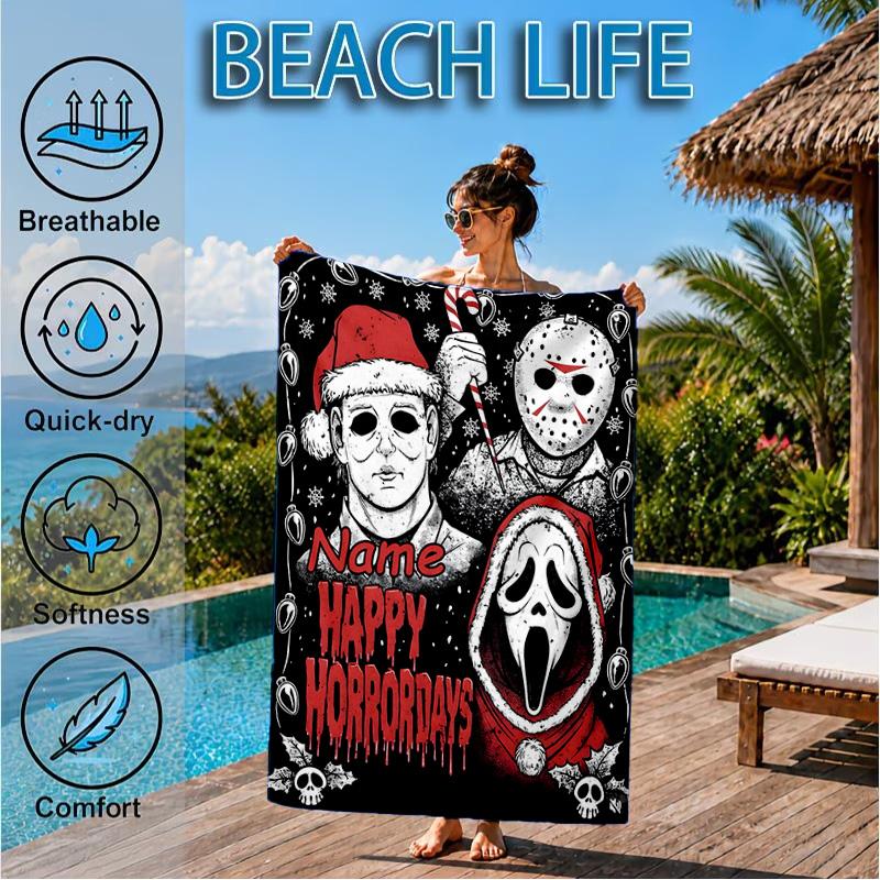 Custom Name Horror Holiday Mashup Beach Towel Microfiber Beach Towel, Lightweight and Quick-Dry, for Summer Travel, Swimming Pool Gift