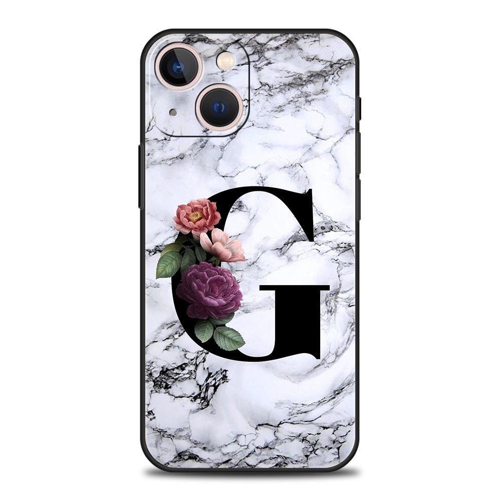 Letters Flower English Marble Phone Case For iPhone 17 16 15 Pro Max 11 12 13 14 7 8 Plus SE 2020 X XR XS Cover Soft Black
