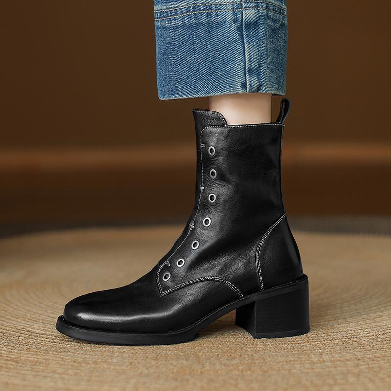 Fashion 2025 Winter Women Shoes Genuine Leather Women Boots Mid-calf Modern Boots Women Solid High Heel Boots Ladies Shoes