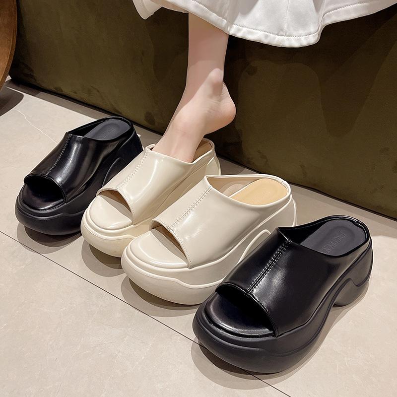 

sponge cake platform one-word slippers women s outer wear summer 2024 new open-toed small man with skirt beach shoes 39 бежевий