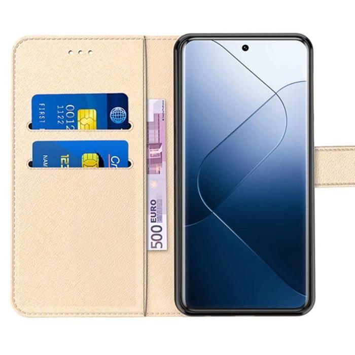 Coque + 2 Verres Trempés pour Xiaomi 14 Pro, Protection Anti-choc Effet Cuir, Flip Case à Rabat avec Fentes pour Cartes -Doré
