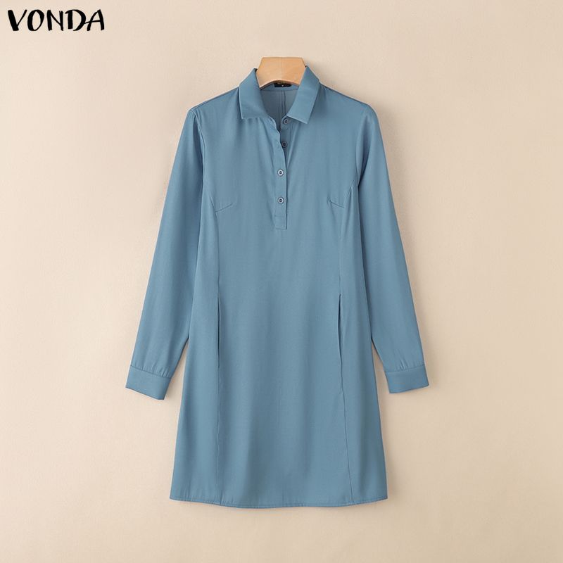VONDA Elegante Damen Reverskragen Langarm Knöpfe Lässig Büro Dünne Hemden Kleid
