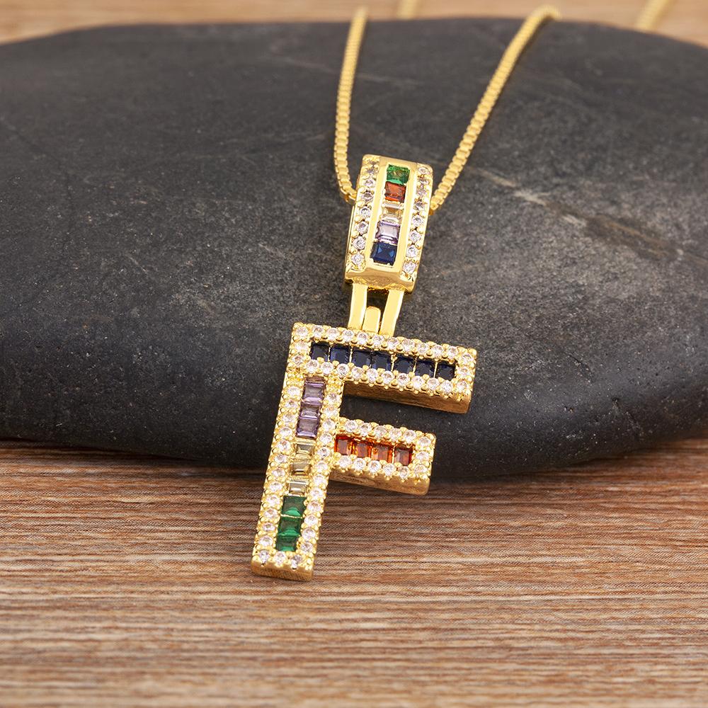Nidin Simple Fashion 26 A-Z Letters Alphabet Rainbow Cubic Zirconia Pendant Necklace For Women Men Hip-Hop Style Copper Jewelry