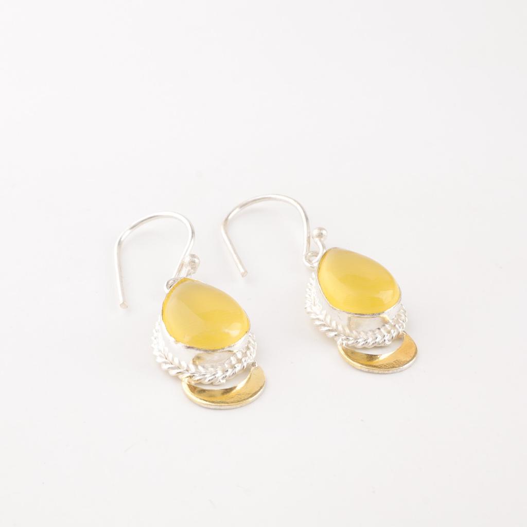 Gelber Katzaugen-Edelstein 925 gestempelter Silberschmuck Handgefertigte Hakenohrringe 1,5" EE-162-34