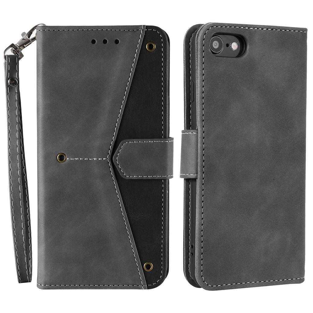 For iPhone 16e Leather Case Splicing Stitching Wallet Phone Cover with Wrist Strap