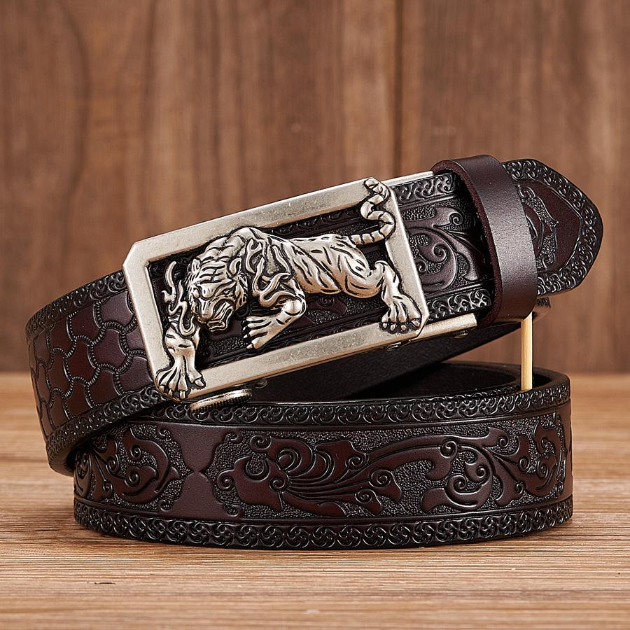 

Fashion Tiger Buckle with Tang Grass Pattern Split Leather Belt for Men Work of Art Belt Automatic Buckle Business Belt 130cm