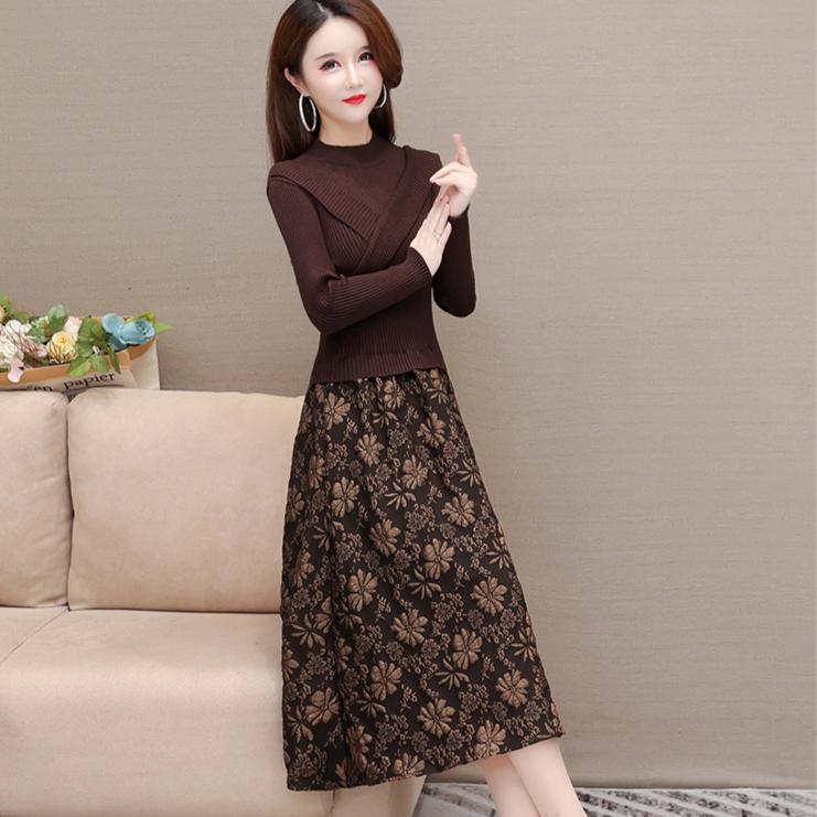 Long-sleeved Knitted Dress for Women Fashionable Fake Two-piece Floral Dress Half Turtleneck Casual Sweater