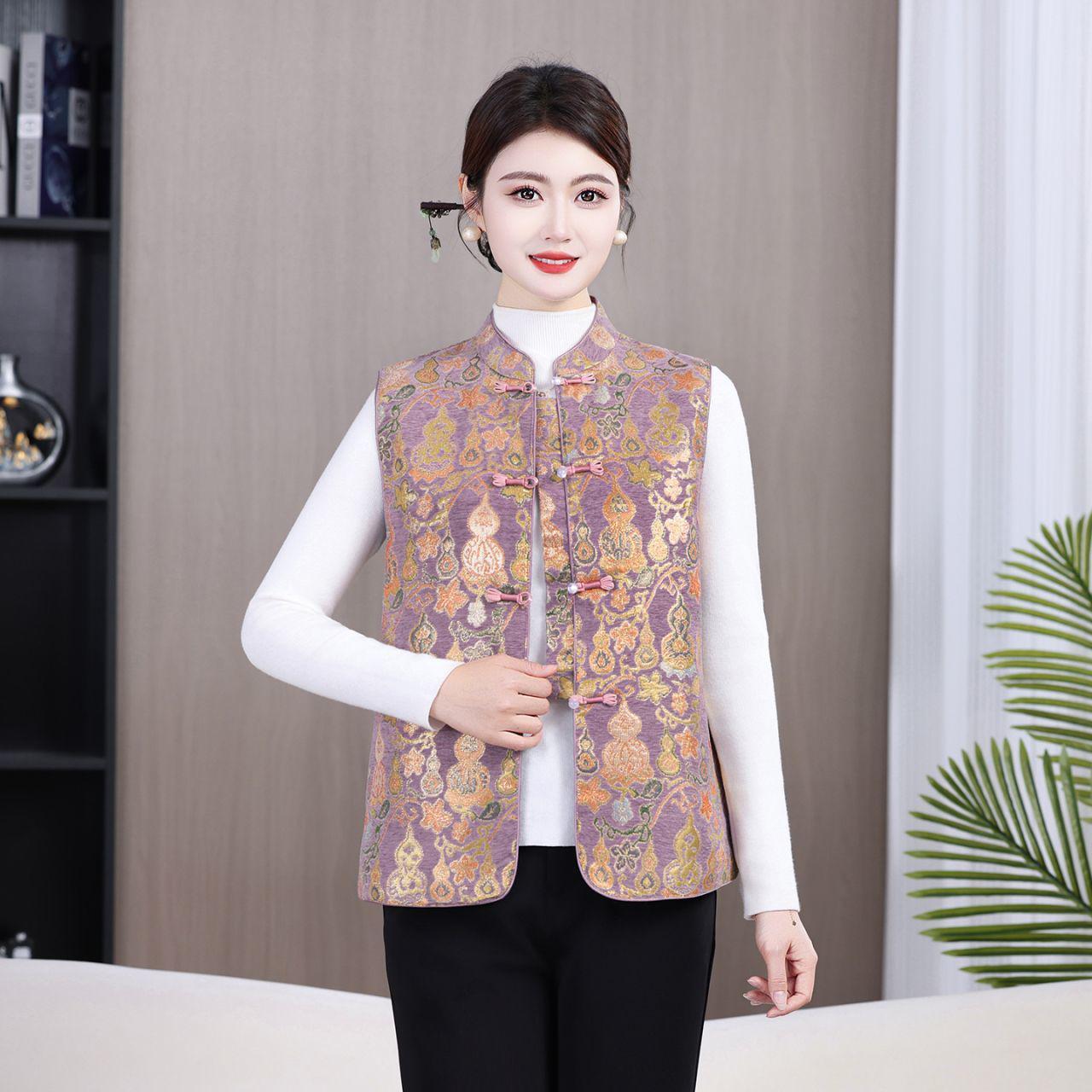 

Elegant Autumn Retro Vest with Frog Buttons - Women s Round Neck Vest for Middle-aged and Elderly 6XL (~165-180 lbs)
