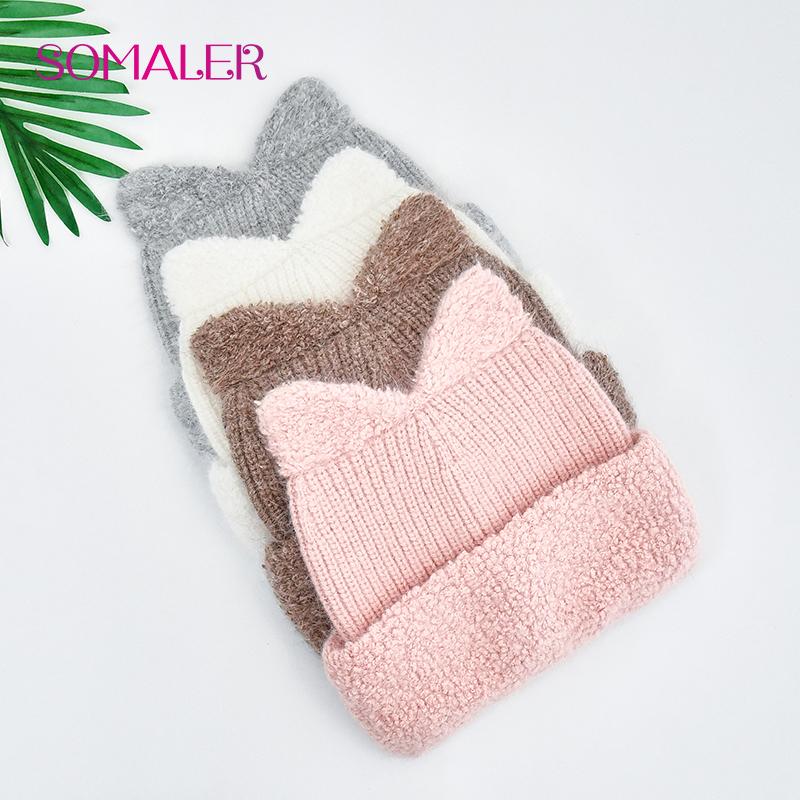 SOMALER Căciulă groasă, călduroasă, pufoasă, din lână angora pentru femei, cu design tricotat cu urechi de pisică, căciulă de iarnă la modă și confortabilă