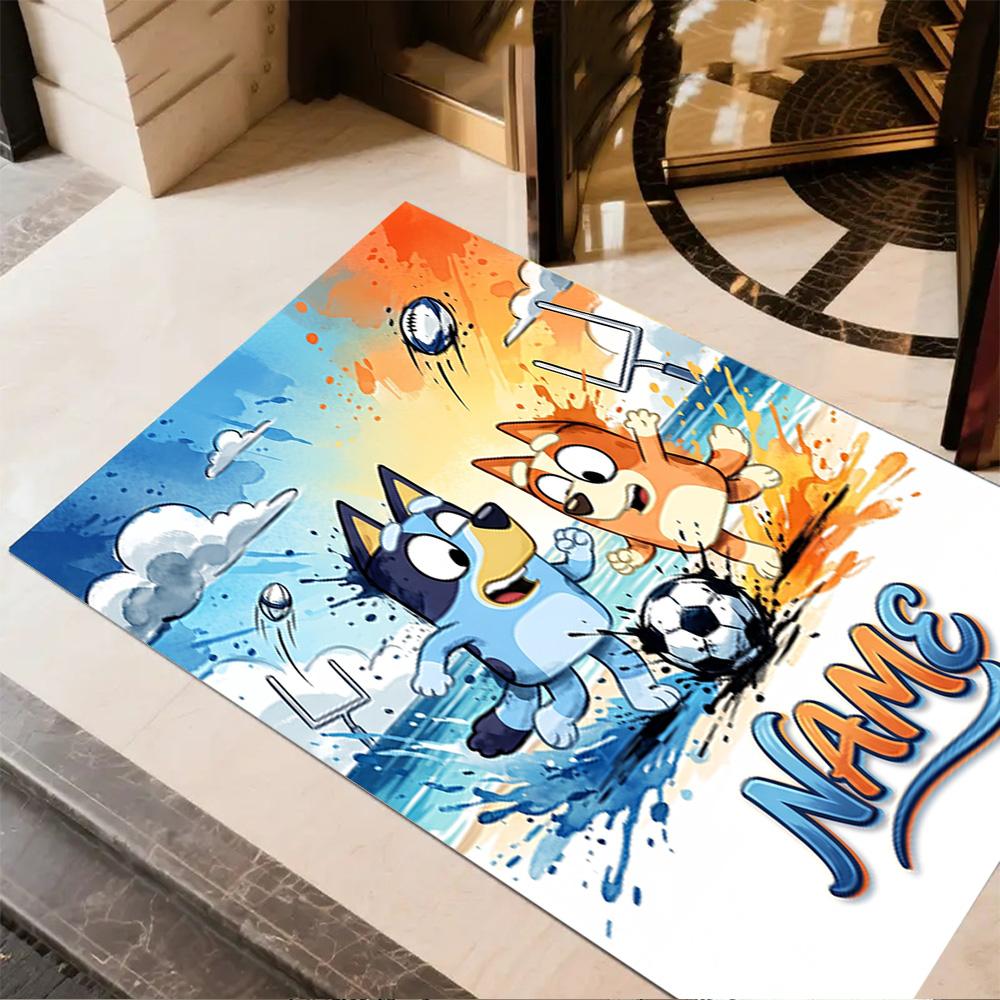 Bluey Soccer Adventure Customizable Name Area Rug Design for Playrooms Kitchen Entryway Outdoor Antislip Carpet Anime Office Decor