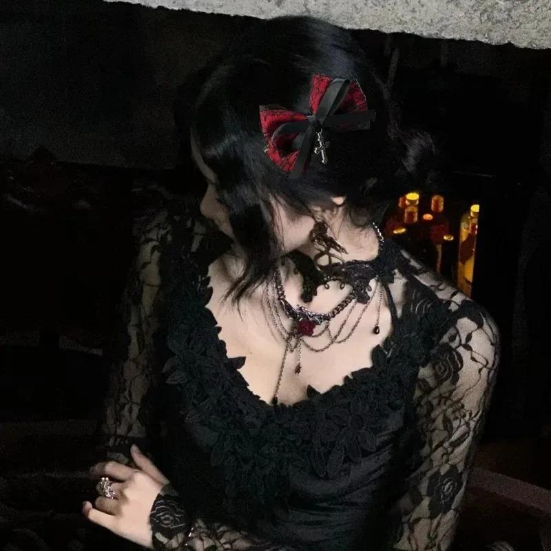 1/2pcs Dark Sweet Cool Lace Cross Bow Hair Clips for Women Fashionable and Personalized Gothic Lolita Hair Accessories