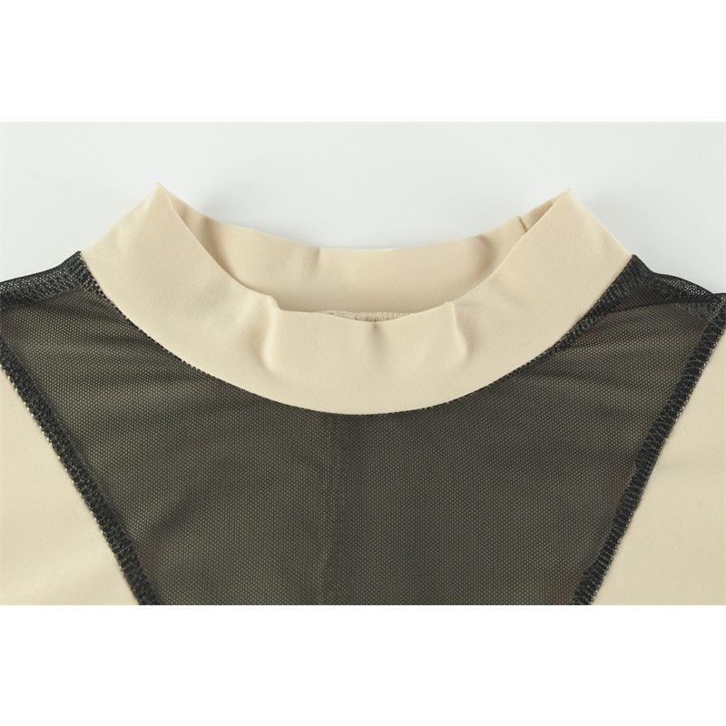 Dámská sexy přiléhavá síťovinová prošívání Průhledná Onesie Fashion Spice Girl Prvotřídní košile s dlouhým rukávem