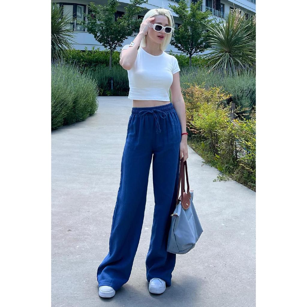 Grüne Weitbeinige Musselin Damen Hose Mg1980