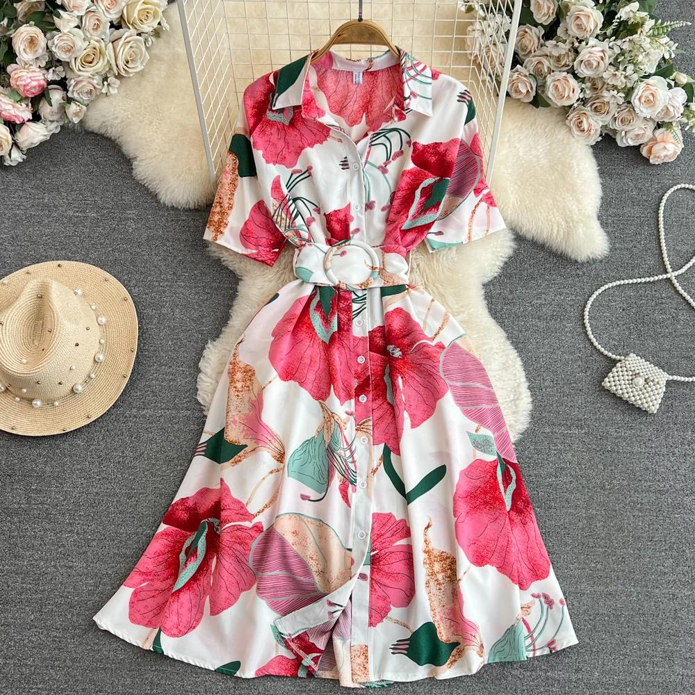 New Summer Women Dress Fashion Print Floral A-line Shirt Dress with Belt Elegant Vintage Off Lady Dress Casual Dresses